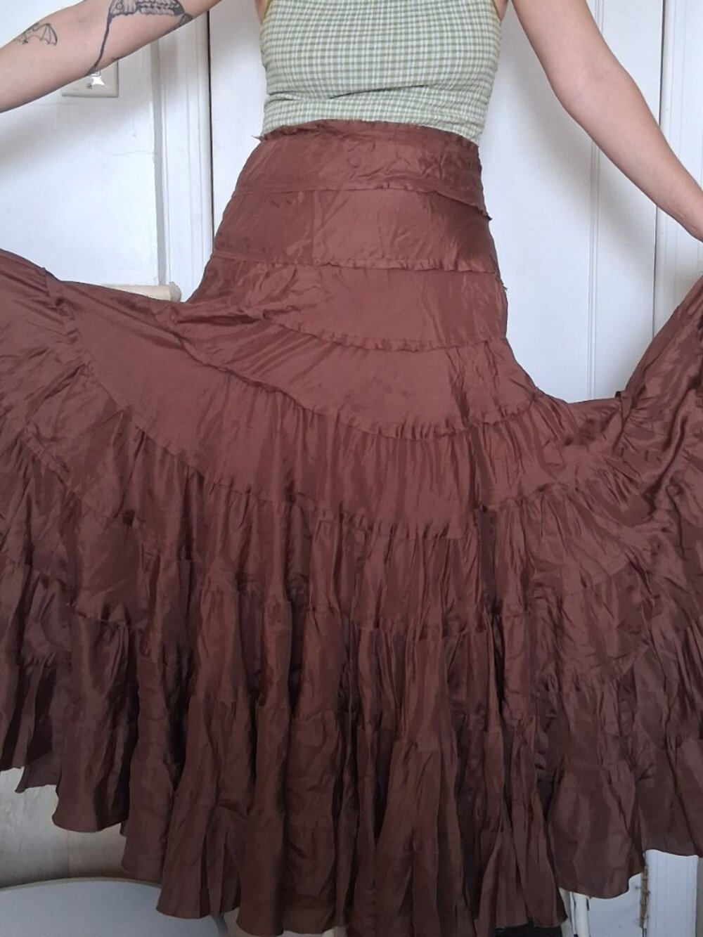 Vintage Calypso Christiane Celle Boho Tiered Maxi Parachute Skirt in Rich Brown
